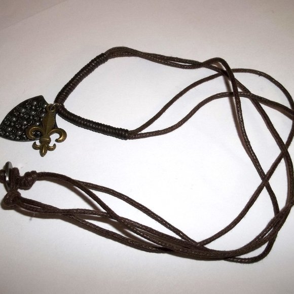 Mixed Metal Medallion Cord Necklace Fleur De Lis Unisex Silver Bronze Brown C227 - Picture 6 of 8